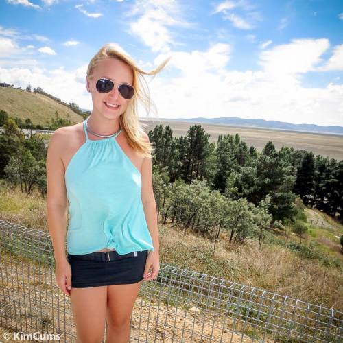 Breezy day with blue skies. #roadtrip #oldphoto #wickedweasel #lighthouseskirt #shortskirt #miniskirt #windy #country #sunnies #sunglasses #cute #casual #collar #girl #kimcums #niceday #lookout #partlycloudy #blonde #sexy