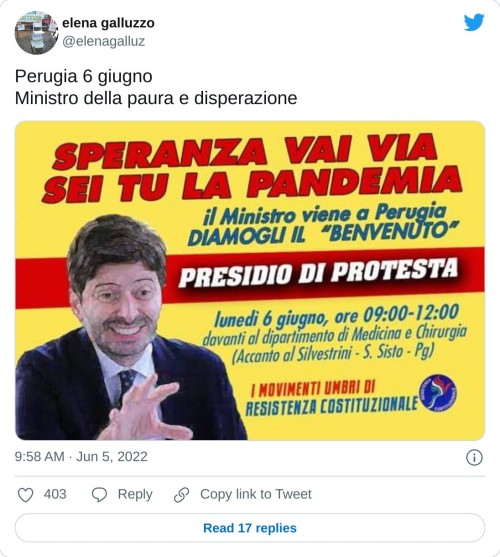 Perugia 6 giugno  Ministro della paura e disperazione pic.twitter.com/rJ4qmK9omn  — elena galluzzo (@elenagalluz) June 5, 2022