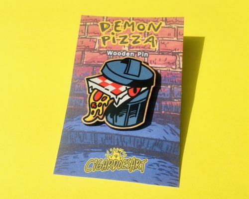 A demon pizza character that I turned into a pin! I’ll be posting a few more photosets of designs be