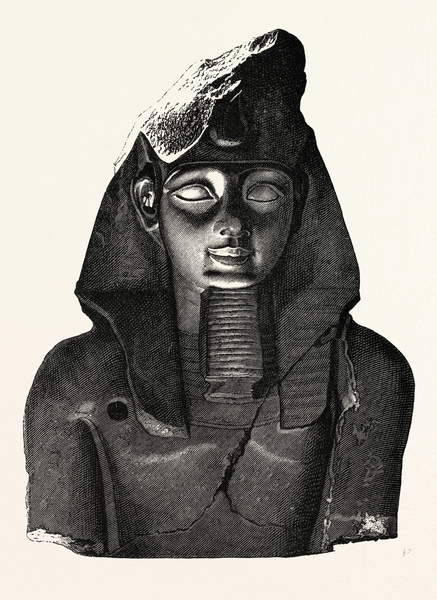 The Younger Memnon. Bust of Ramesses II, from Ramesseum, West Thebes, engraving, 1879