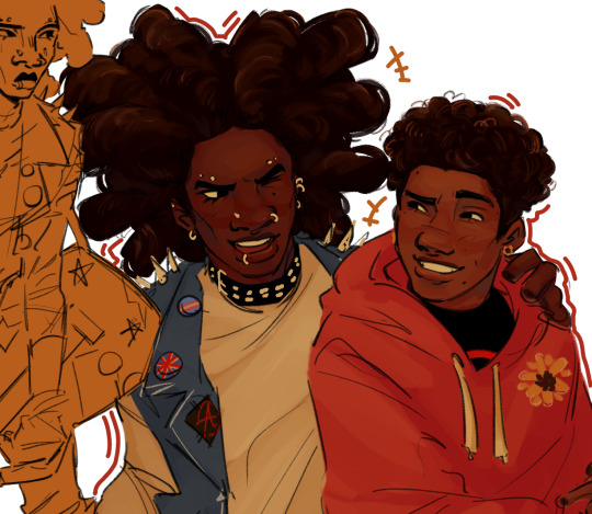 Fanart depicting Hobie Brown and Miles Morales from Across the Spider-Verse, hanging out together and smiling.