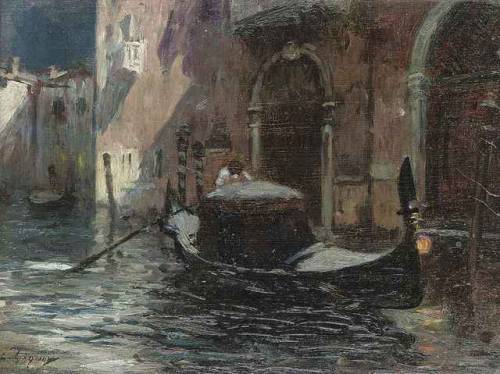 Lorenzo Gignous, A gondolier on a moonlit backwater, Venice