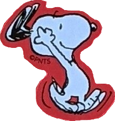 sticker of snoopy from peanuts. he is running with his arms up. the sticker has a red trim and no text.