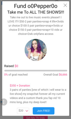 o0pepper0o:  Contribute to my Fund and help me go to ALL THE SHOWS!!!Really good rewards you who like panties!Fund Me HERE 