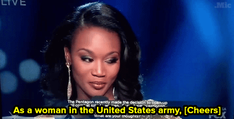 micdotcom:  Twitter went wild for her answers — and the judges agreed.   I don’t agree, women don’t belong in the military, all they do is get pregnant like whores before every deployment so they don’t have to go, and when they do the slow everyone