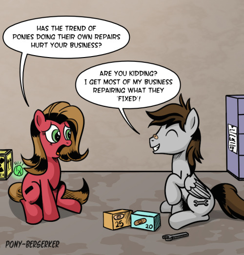 askfuselight:  askpun:  It seems Fuselight is doing quite brisk business fixing up all the damage that happens in Ponyville on a regular basis. If you’d like to hire the services of a pony who specializes in the kludge repair, check out Ask Fuselight.