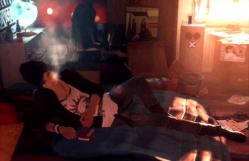 3 gifs of chloe price from life is strange lounging on her bed smoking.