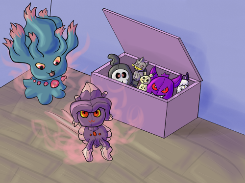 Haunted Toy BoxDrawtober Day 11!Misdreavus is playing with a plush toy copy of her mom! 