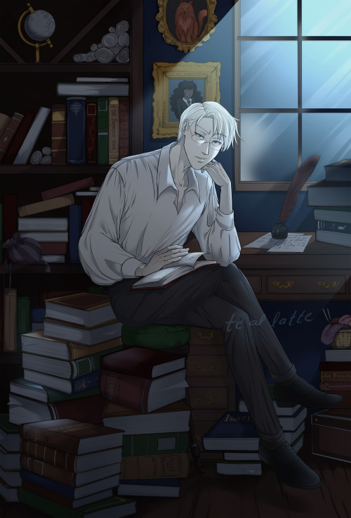 Draco Malfoy in his messy home office. Most of those books don’t belong to him 