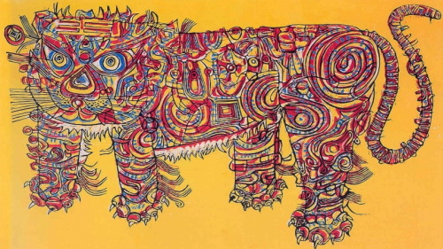 Wu Hao: Holiday Tiger, 1964 Woodcut (46 x 81 cm) @ the Collection of Taiwan Museum of Fine Arts Whil