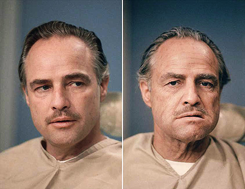 thegoodfilms:
“ Marlon Brando before and after makeup on the set of The Godfather
”