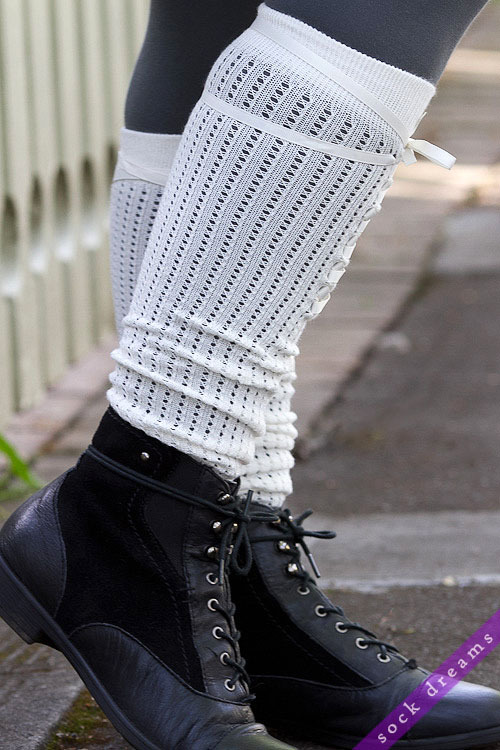 sockdreams:Pointelle OTK with Lace Up Front by K Bell!The lacing is just for show, but the little ri