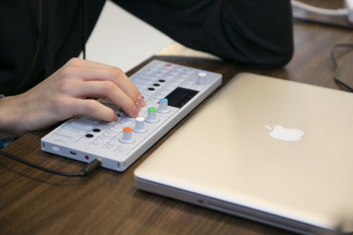 Team Snakessss composing object sound effects using OP-1 and Logic Pro. -Ben Zweig