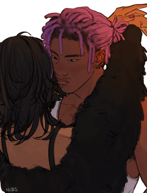 It's a drawing of Hakari and Kirara. The latter has her arms around Hakari's shoulders and her back facing the audience while the former is looking at her fondly. Hakari is depicted as Blasian with brown skin and locs which have been dyed purple and tied back. He has a labret piercing, double piercings in his lobe, and an industrial. Kirara is drawn with tan skin and black hair cut into a wolf cut which has purple strands to match Hakari. 