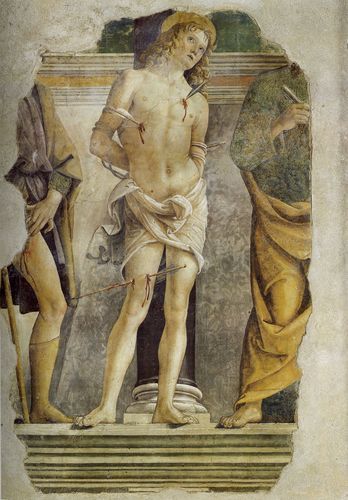 pietro-perugino:  St. Sebastian and pieces of figure of St. Rocco and St. Peter, 1478, Pietro Perugino