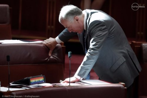 theauspolchronicles:Senator Eric Abetz hunched over during debate on the Marriage Amendment Bill in 