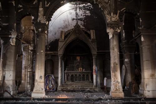 The interior of the St. Mary al-Tahira church on November 8, 2016, Bakhdida, Iraq.The town was under