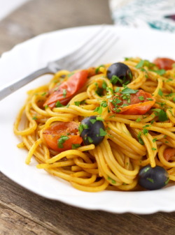 foodffs:  Spaghetti Alla Puttanesca with fresh cherry tomatoes, olives, capers and garlic. http://www.insidetherustickitchen.com/spaghetti-alla-puttanesca-recipe/Follow for recipesGet your FoodFfs stuff here