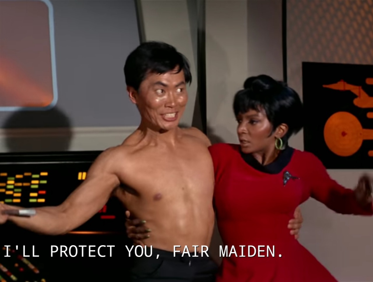 trekheritageposts:koalastick:idkipoststuff: did… did she really say that? iconic  “Excuse You, i am Black and i Fuck”  Best part: this was improv.George wasn’t supposed to have a line there, he was supposed to brandish the sword, grab her and