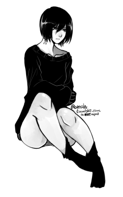 roxoah:  I DREW. FINALLY. I haven’t been drawing much because I’ve been sucked into games again and art block ghghghg. My friend requested I draw sad Mikasa in a big ass sweater so here we go. For homsturk