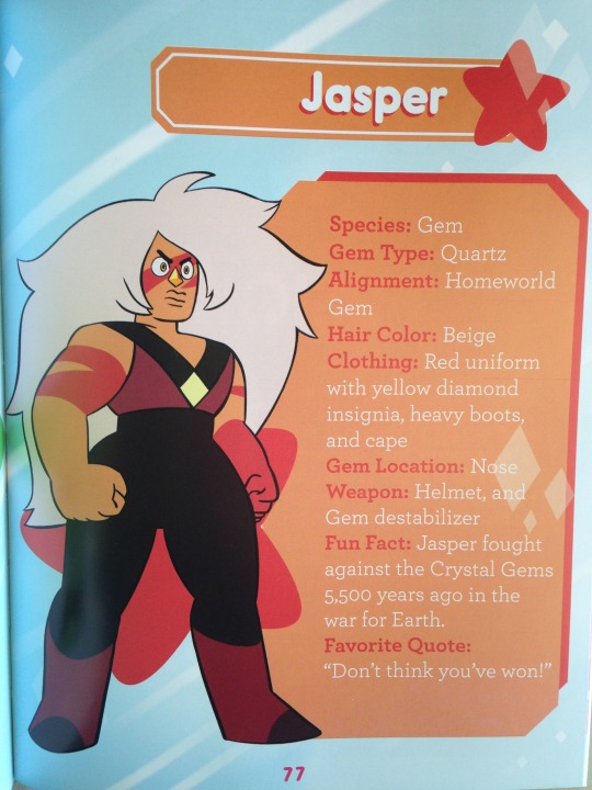rataplani:      Here you go! (Reminder to all that Guide to the Crystal Gems is released internationally on October 6 and is currently out in Australia)    Pearl Bio Page!    Jasper’s Bio Page    The Second Page of Malachite’s two-parter!   Pics are