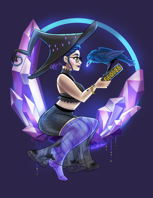 Commission piece for @arrows-and-roses with her as a Geode Witch with a Raven familier. The raven lo