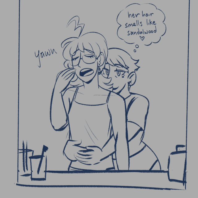 Seb and Fran in front of the bathroom mirror in the morning. Seb's yawns while Fran hugs her from behind, thinking "her hair smells like sandalwood (heart)"