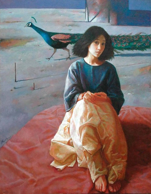 Beautiful Peacock oil on linen by Xue Mo 薛墨