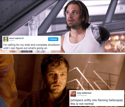 livebloggingmydescentintomadness:Bucky Barnes tweet meme, part two (part one)