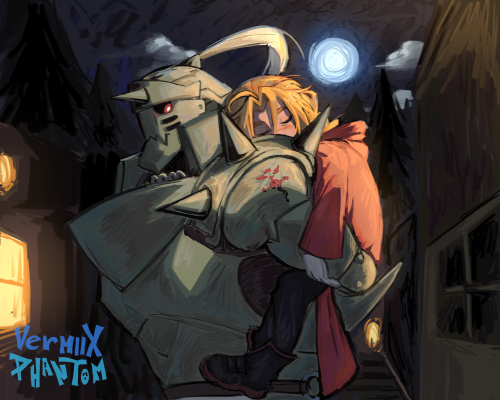 [ID: Screenshot Redraw Of Fullmetal Alchemist, Theres Alphonse On Metal Armor Piggy Backing Edward, A