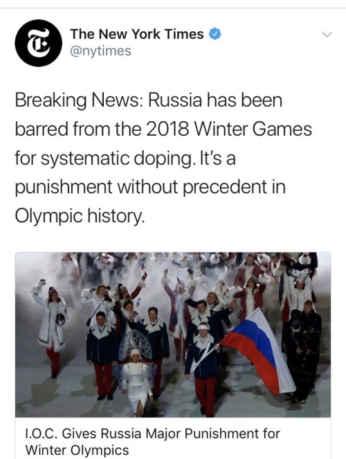 weavemama:  weavemama: this is hella wild but get ready for tr*mp to all of the sudden hate the olympics  Russia’s Olympic team has been barred from the 2018 Winter Games in Pyeongchang, South Korea. The country’s government officials are forbidden