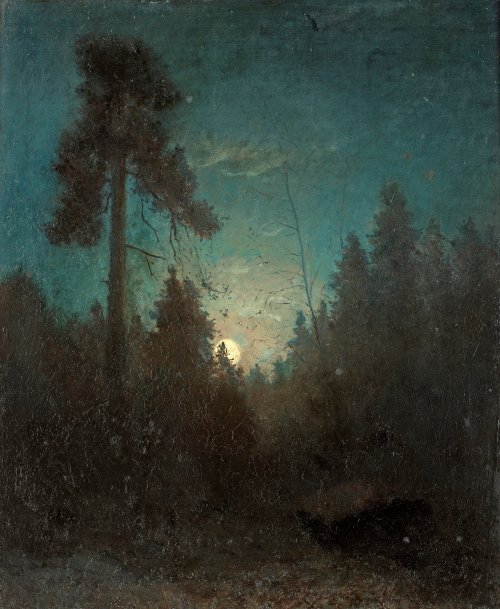 Tall Pine ad Rising Moon  -  Carl Frederik Hill , 1871-75Swedish, 1849-1911Relined canvas 55.5 x 46 