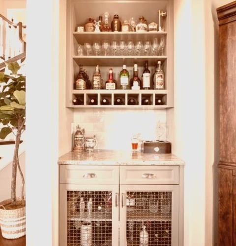 Home Bar Single Wall Portland Small Transitional Single-wall Dark Wood Floor Dry Bar Photo With No Sink,