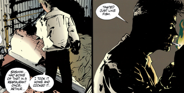 comic panels. panel 1 is backview of john constantine (disheveled blond white man in a button-up shirt). he's in a dimly lit bedroom, talking to a guy laying in the bed. he says "sashimi... had some of that in a restaurant once, arthur... i took it home and cooked it..." the next panel is a side profile, moody dramatic lighting as he lights up a cigarette, saying "...tasted just like fish."