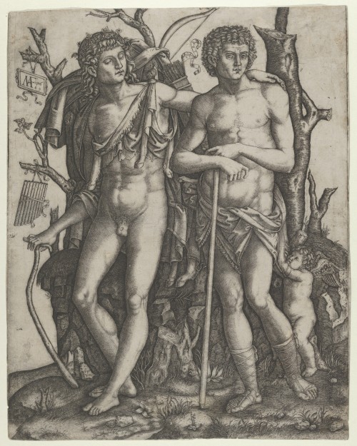 ganymedesrocks:Marcantonio Raimondi (circa 1480 - 1534), after Francesco Francia (1447-1517) Apollo standing at the left, his hand resting on the shoulder of Hyacinthus, Cupid in the lower right (1506) - Metropolitan Museum of Art, NYC - NY
