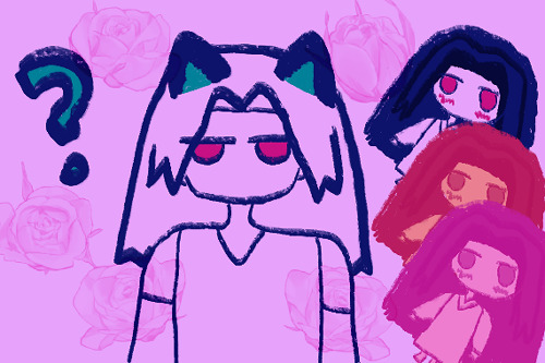 Shojo manga roses atop of the image. A manga-esque cartoony Antonio with a blank stare and question mark as he has beautiful black cat ears on his head (real). Alejandro is leaving the ethereal plane and possibly about the faint behind him, as shown in a slow fall of multi-colored chibi alejandros who look like they're about to leave the ethereal plane over kitty ears Antonio. This includes Alejandro blushing.