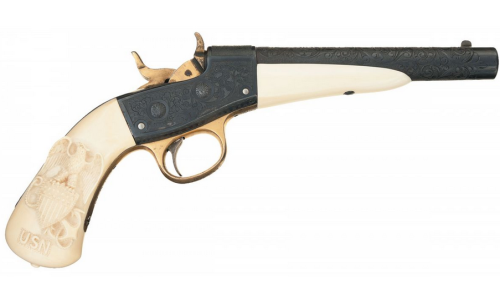 Engraved Remington Model 1867 Navy single shot pistol with relief carved ivory grips.Sold at Auction