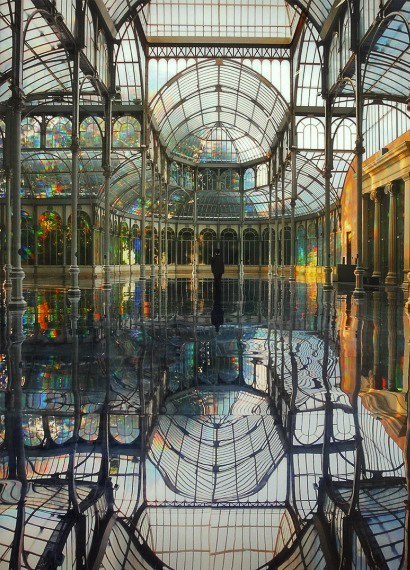 steampunktendencies:    Palacio de Cristal (Crystal Palace), Madrid, Spain.Built in 1887, the architect Ricardo Velazquez.     Artist Kimsooja, To Breathe – A Mirror Woman   