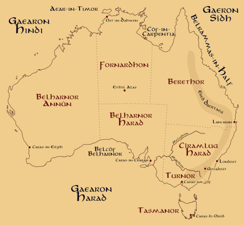 mapsontheweb:  Tolkien Style Map of Australia with names in Sindarin Elvish Source: TheMightyGoatMan (reddit) 
