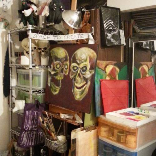 Skulls in progress in my painting corner.  I probably need to start another Godzilla painting soon…hmm  #skullsforlife #skulls #studio #painterslife #acrylic #golden #artofinstagram #artistsoninstagram #artistsontumblr