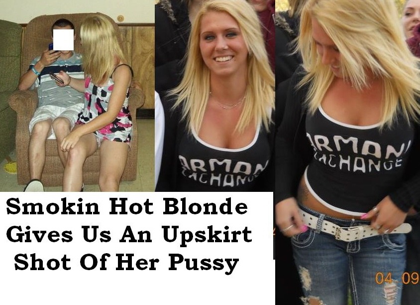 Slutty Blonde showing off upskirt pussy