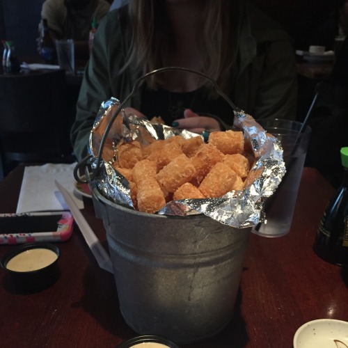 micma:  WE ORDERED A BUCKET OF TOTS AS AN APPETIZER AND IT WAS HUGE AND THEN MY FUCKING ENTREE CAME WITH TOTS SO THEY JUST FILLED THE BUCKET UP TO THE TOP AGAIN