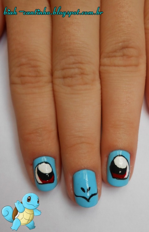 cantinhobiah:  Nails inspired by Pokemon Squirtle  Unha inspirada no Pokemon Squirtle  For my girlfriend.