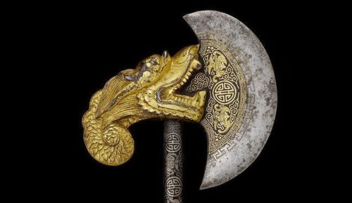 art-of-swords: Ritual Axe Dated: late 19th century Culture: Tibetan Medium: iron, gold, silver, blac