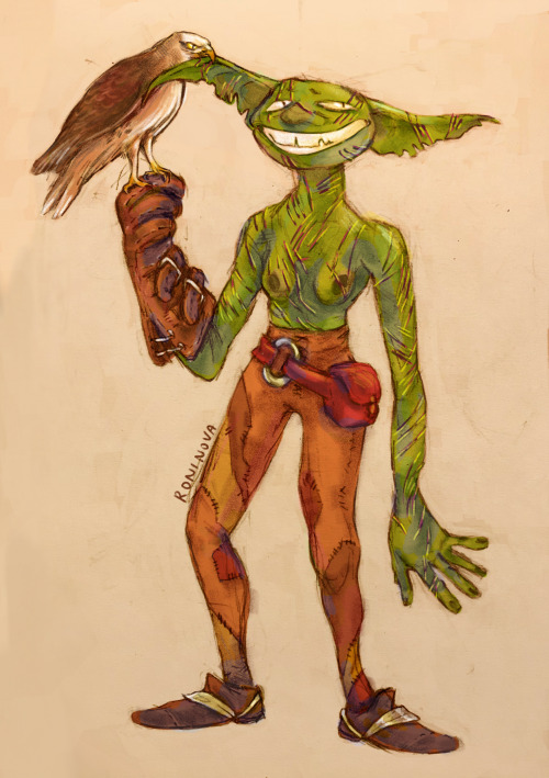 goblin falconer showing off her hawk talon scars. she thinks they look cool and honestly i have to a