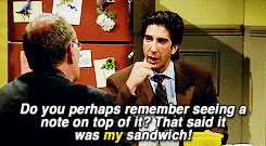 innerflame:  Knock-knock. Who’s there? Ross Geller’s lunch. Ross Geller’s lunch, who? Ross Geller’s lunch, please don’t take me, okay? 
