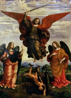 follia-stultitia:  The Archangels triumphing over Lucifer by Marco D’Oggiono