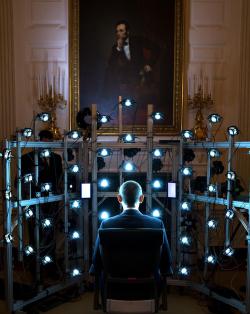 thetallblacknerd:  blazepress:  Obama sitting down for the first 3D presidential portrait photograph in history.  Obama looks like he just found new mutants using Cerebro 