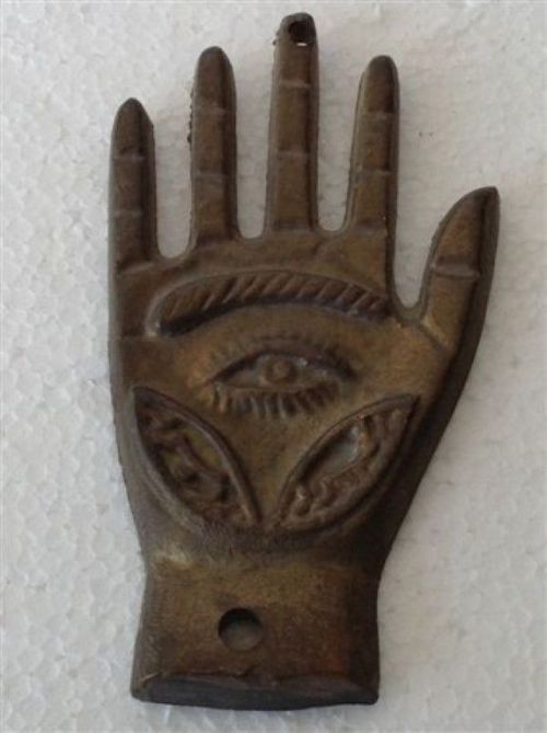 stlamb: 1. Silver Mexican Milagro Emblem2. Copper Islamic Hand of Fatma Hamsa3. Buddhist Stone Engra