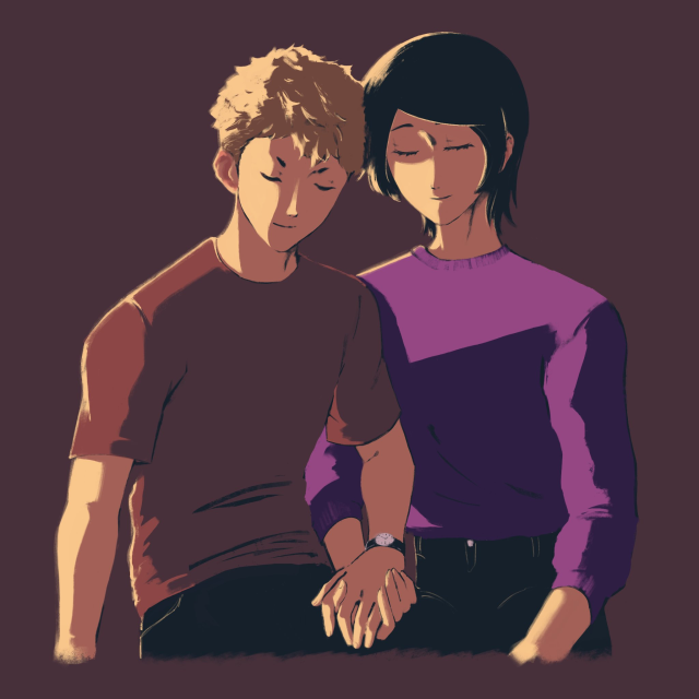 Digital painting of Ryuji and Yusuke seated against a warm dark brown background as light beams in from the left side of the image, highlighting them in a faint yellow. They are leaning into each other with their heads pressed together and hands clasped, sleeping.